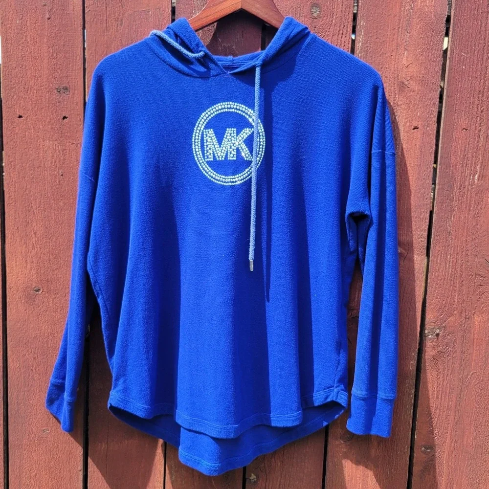 Michael Kors Royal Blue Waffle Knit Rhinestone MK Logo Hoodie Sweatshirt L